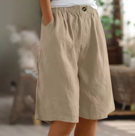 Dames Shorts met Wijde Pijpen - Elastische Taille tot op de Knie