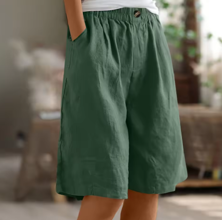 Dames Shorts met Wijde Pijpen - Elastische Taille tot op de Knie