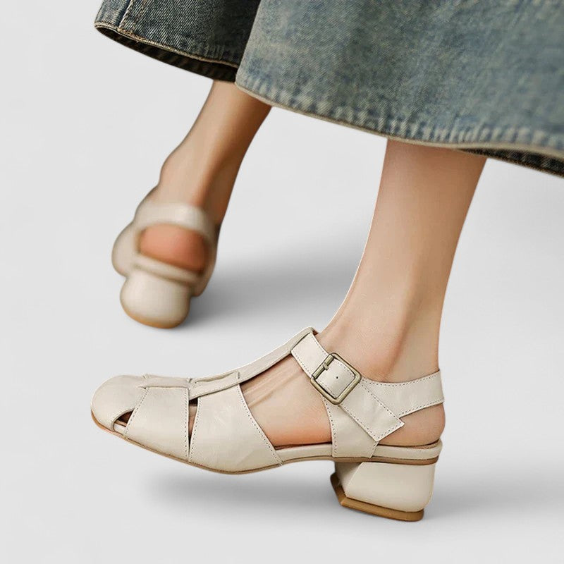 Dames Slingback Sandalen met Gesloten Neus - T-band en Geweven Blokhak

