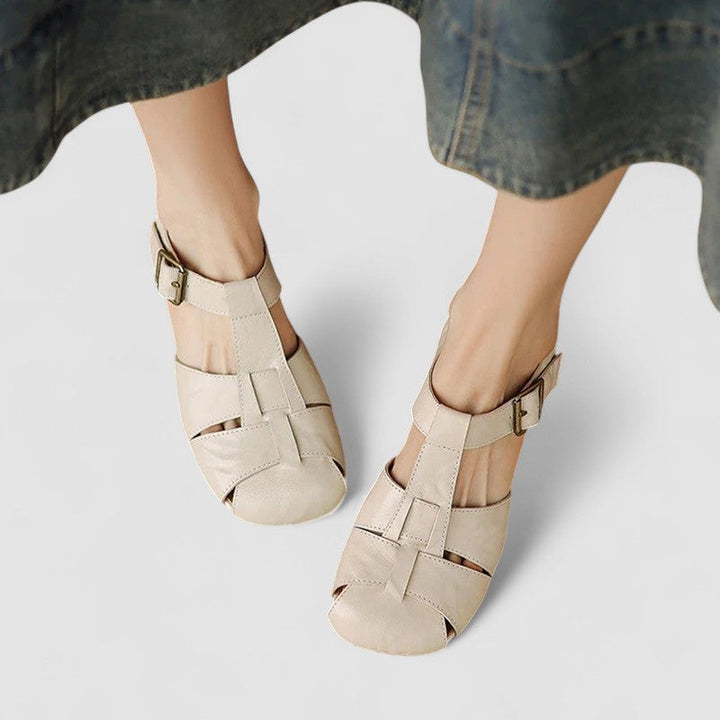 Dames Slingback Sandalen met Gesloten Neus - T-band en Geweven Blokhak

