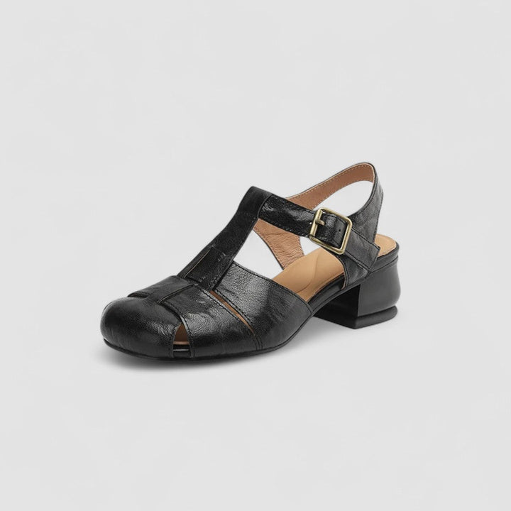Dames Slingback Sandalen met Gesloten Neus - T-band en Geweven Blokhak

