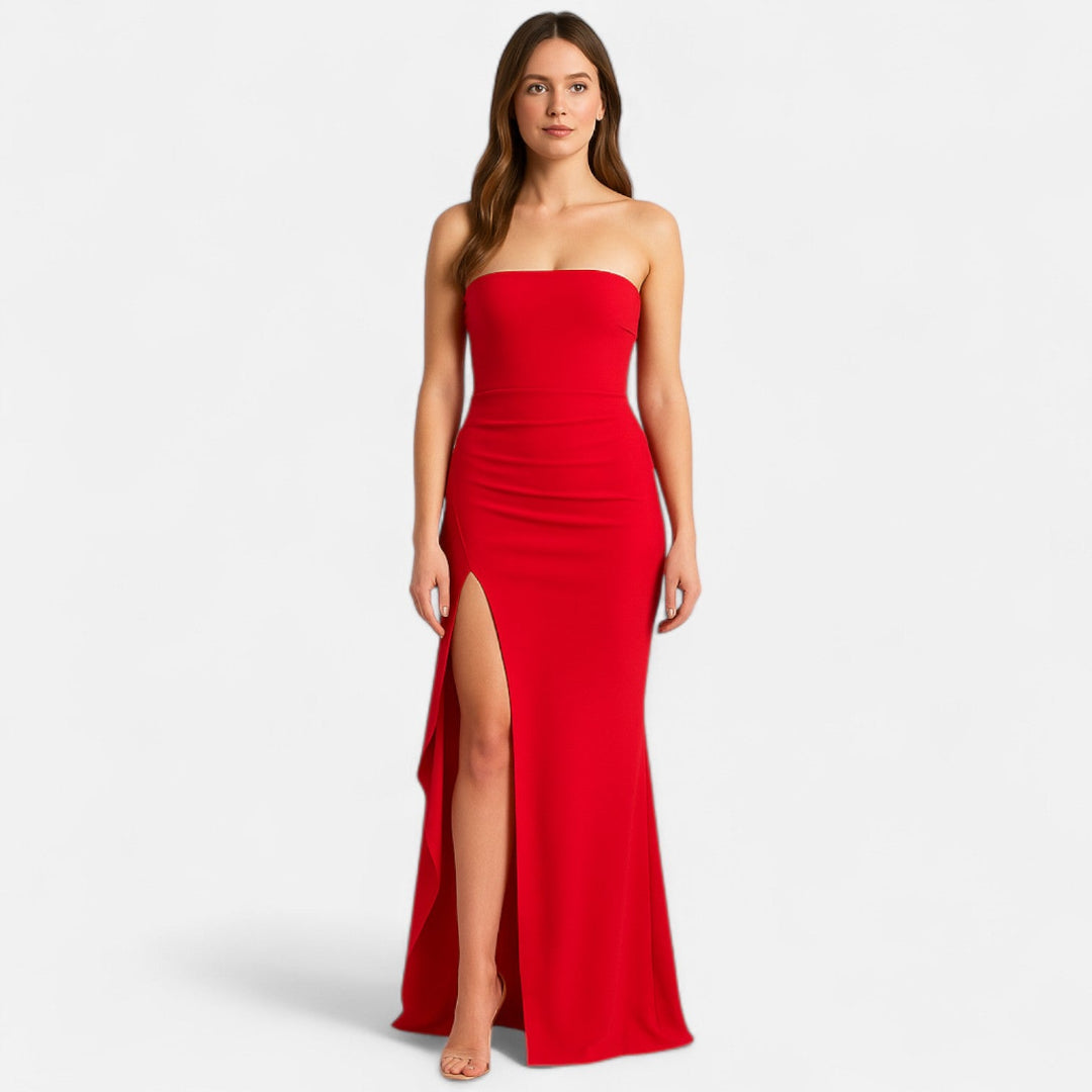 Dames Strapless Maxi Jurk - Hoge Split met Ruches en Kolomsilhouet