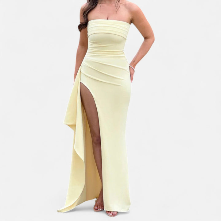 Dames Strapless Maxi Jurk - Hoge Split met Ruches en Kolomsilhouet