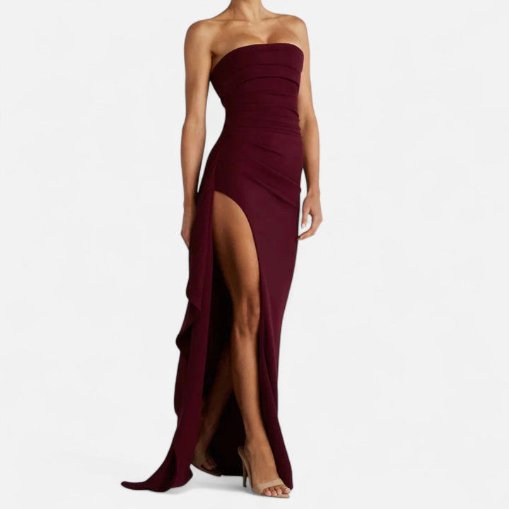 Dames Strapless Maxi Jurk - Hoge Split met Ruches en Kolomsilhouet
