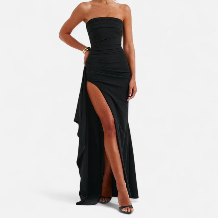 Dames Strapless Maxi Jurk - Hoge Split met Ruches en Kolomsilhouet