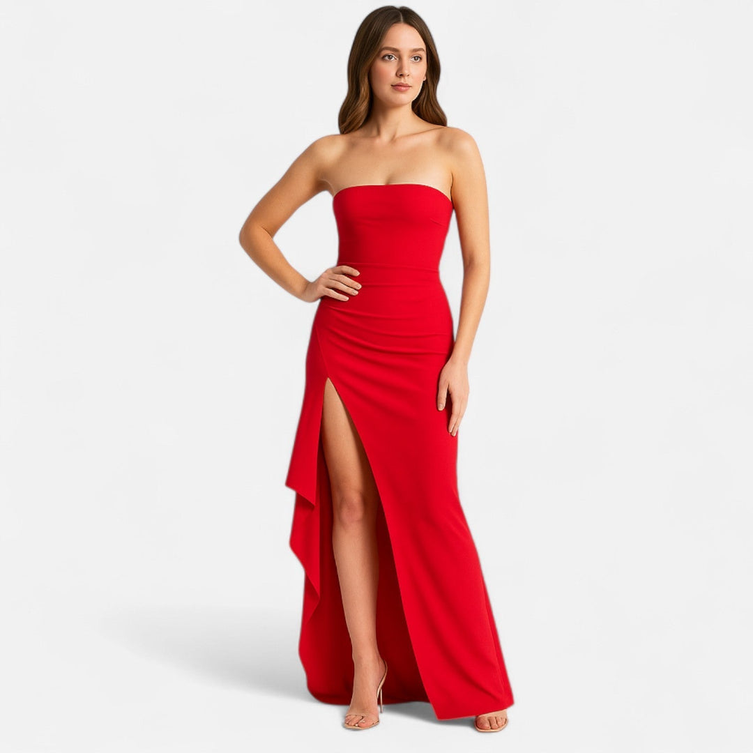 Dames Strapless Maxi Jurk - Hoge Split met Ruches en Kolomsilhouet