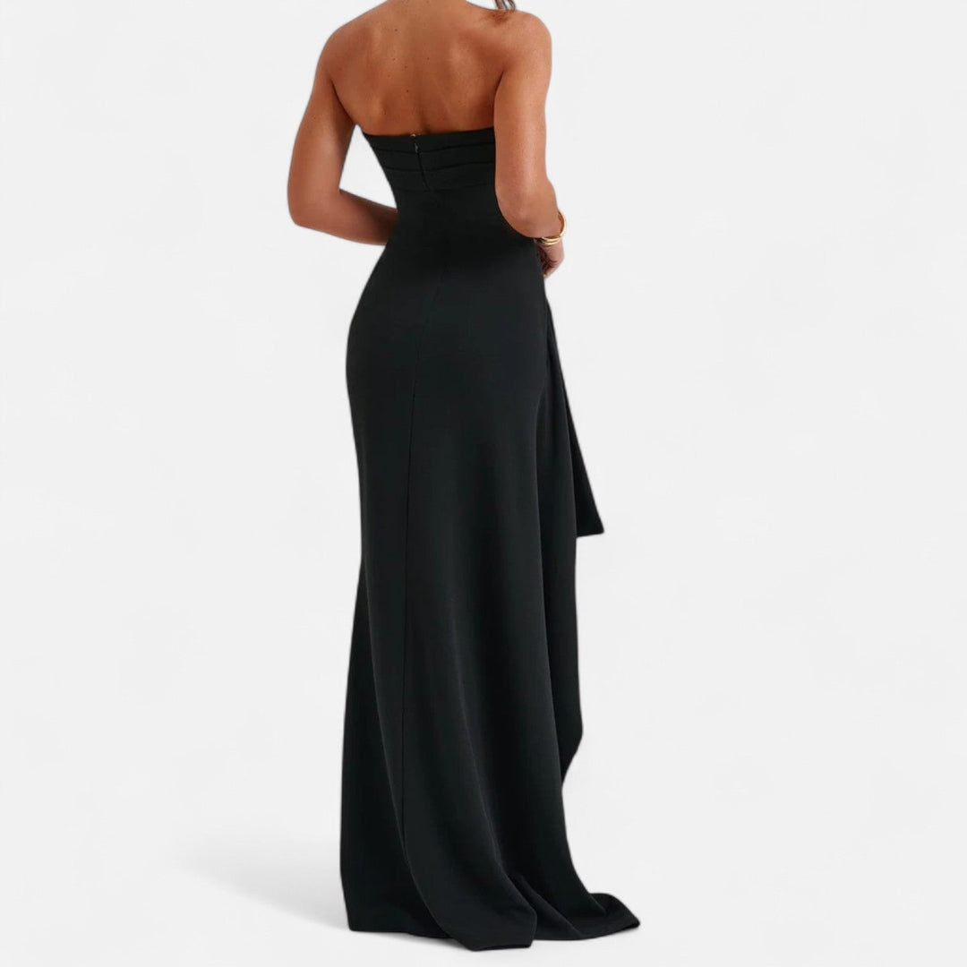Dames Strapless Maxi Jurk - Hoge Split met Ruches en Kolomsilhouet