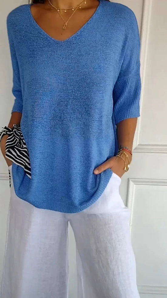 Dames Top met V-Hals - Pullover met Driekwartmouwen