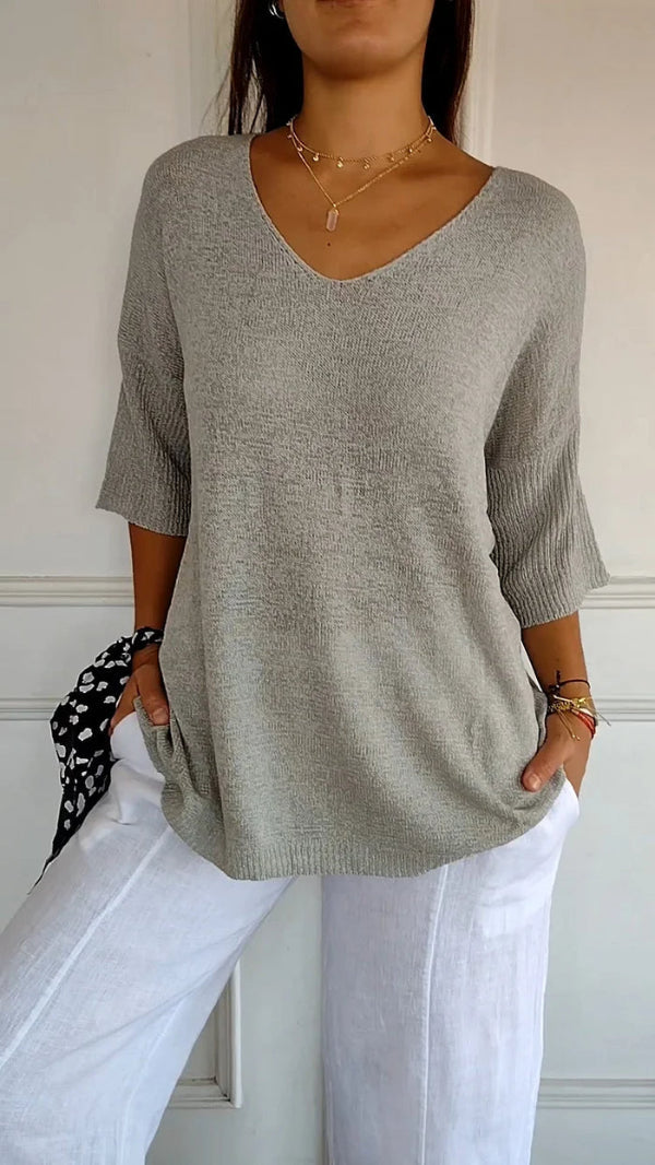 Dames Top met V-Hals - Pullover met Driekwartmouwen