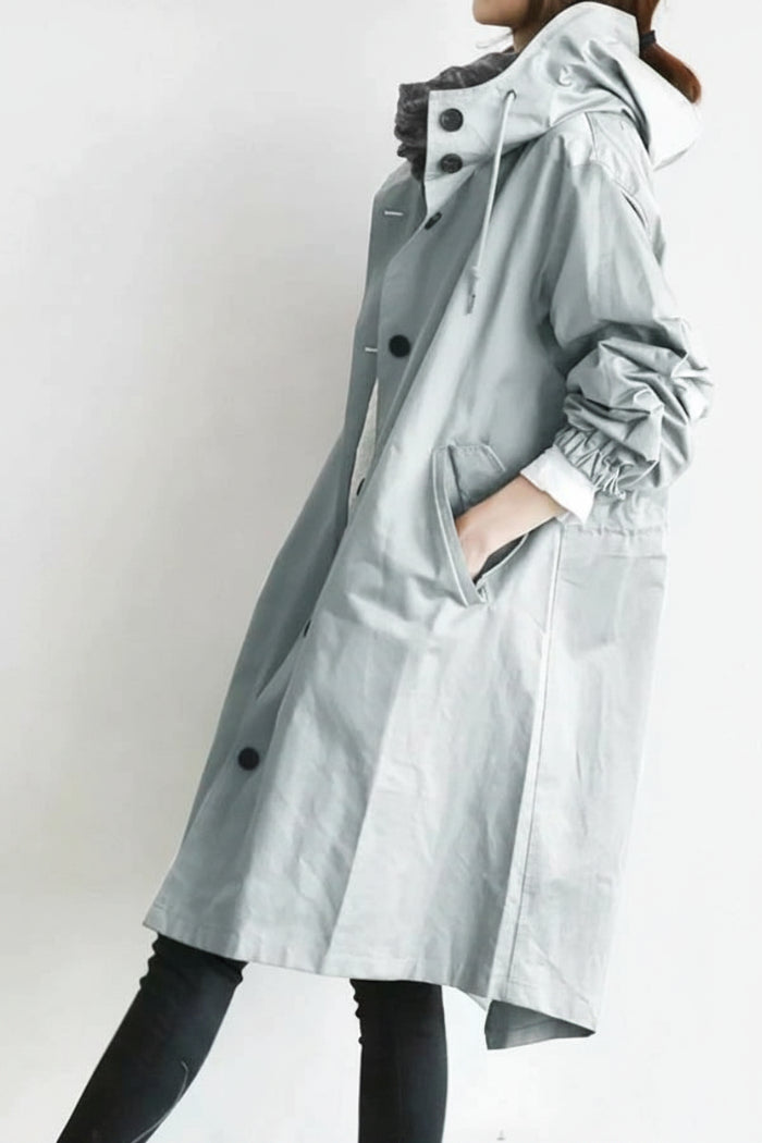 Dames Trenchcoat met Capuchon - Midi Lengte met Knoopsluiting aan de Voorkant