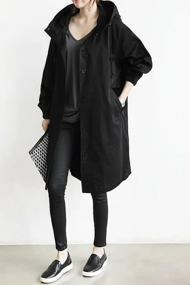 Dames Trenchcoat met Capuchon - Midi Lengte met Knoopsluiting aan de Voorkant