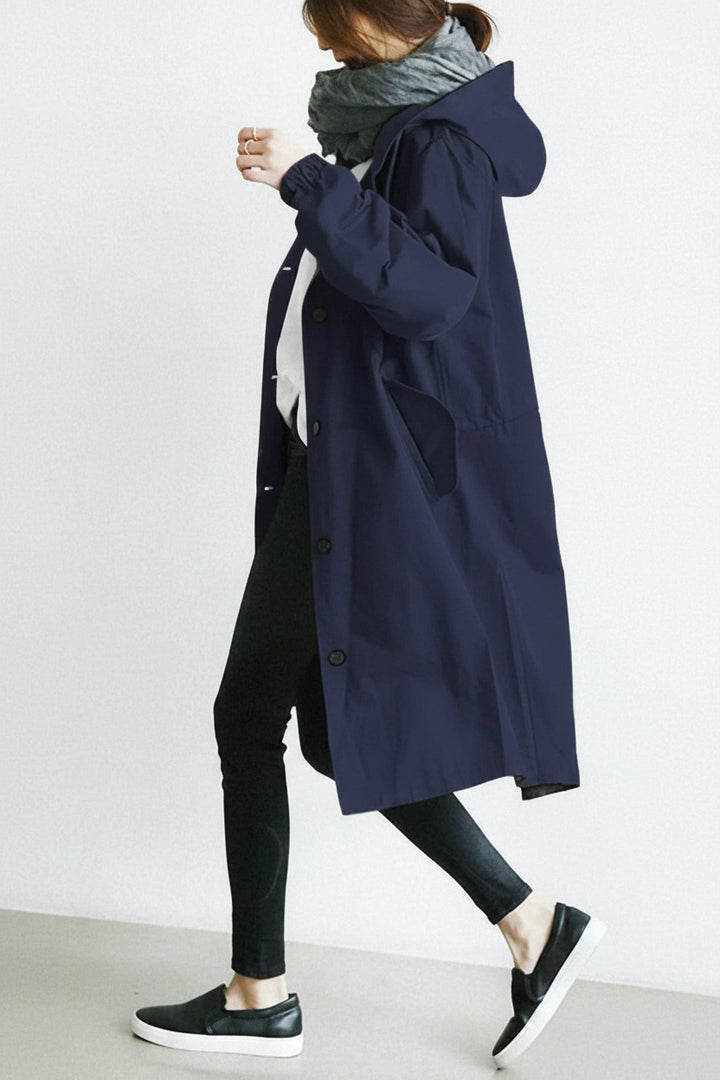 Dames Trenchcoat met Capuchon - Midi Lengte met Knoopsluiting aan de Voorkant