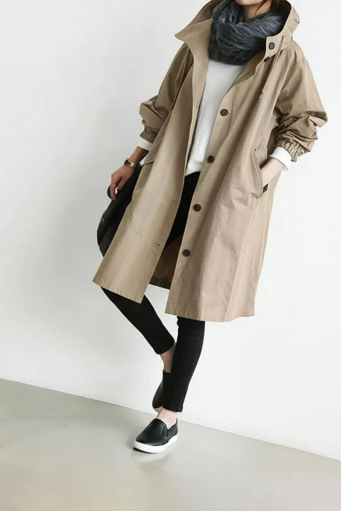Dames Trenchcoat met Capuchon - Midi Lengte met Knoopsluiting aan de Voorkant