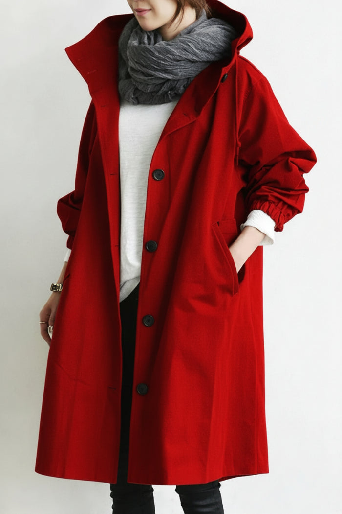 Dames Trenchcoat met Capuchon - Midi Lengte met Knoopsluiting aan de Voorkant