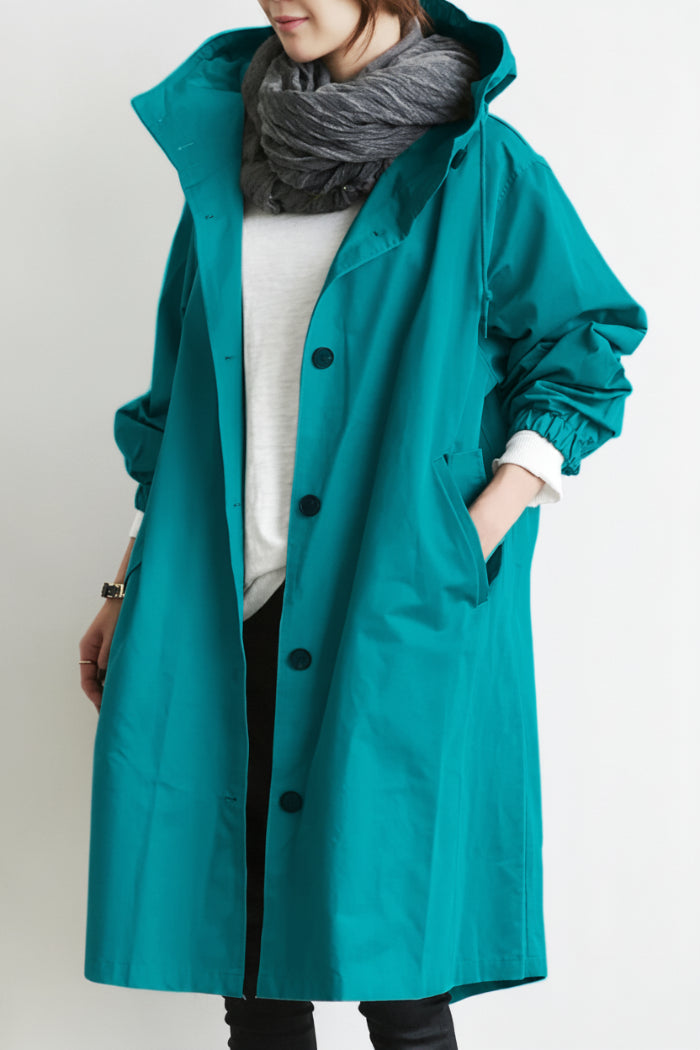 Dames Trenchcoat met Capuchon - Midi Lengte met Knoopsluiting aan de Voorkant