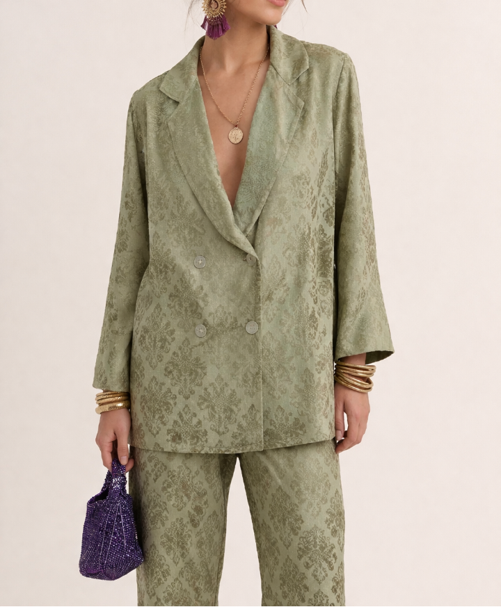 Dames Tweedelig Broekpak - Blazer met Enkele Knoopsluiting en Wijde Pijpen