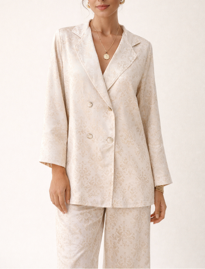 Dames Tweedelig Broekpak - Blazer met Enkele Knoopsluiting en Wijde Pijpen