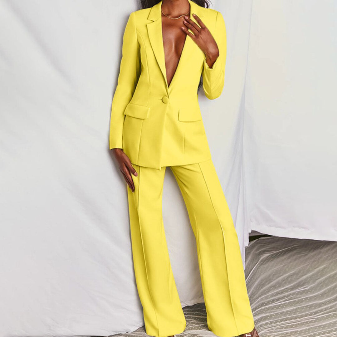 Dames Tweedelige Pakset - Blazer met Eén Knoop en Broek met Wijde Pijpen