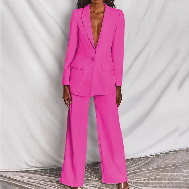 Dames Tweedelige Pakset - Blazer met Eén Knoop en Broek met Wijde Pijpen
