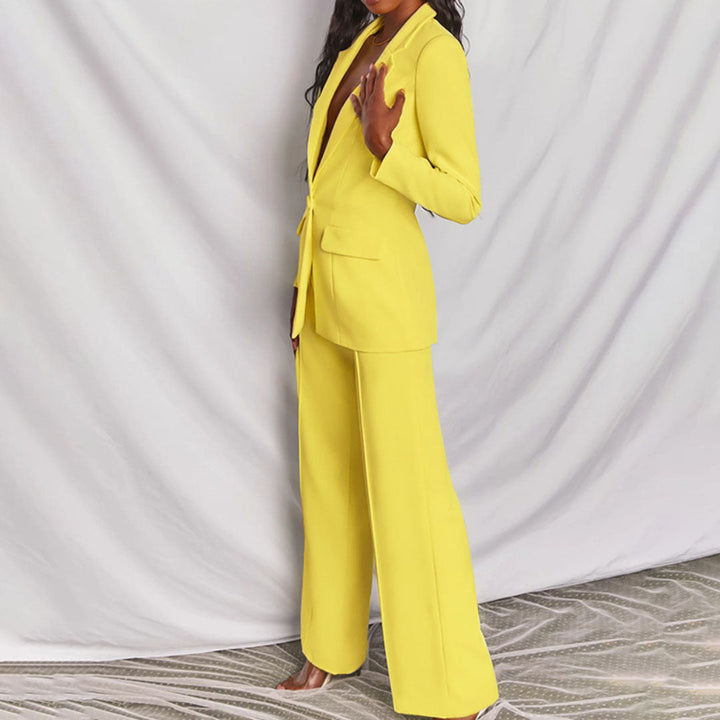 Dames Tweedelige Pakset - Blazer met Eén Knoop en Broek met Wijde Pijpen