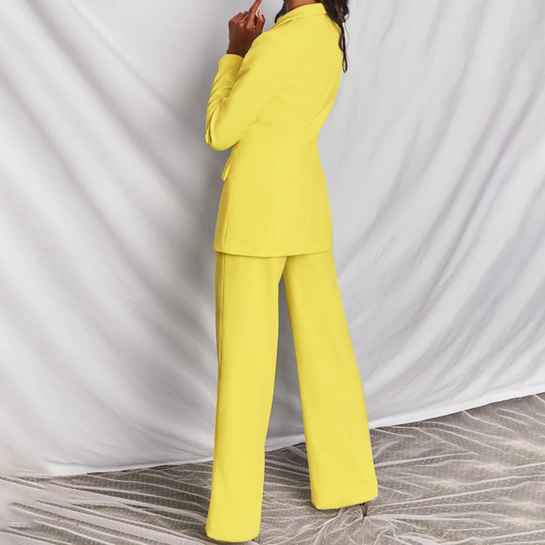 Dames Tweedelige Pakset - Blazer met Eén Knoop en Broek met Wijde Pijpen