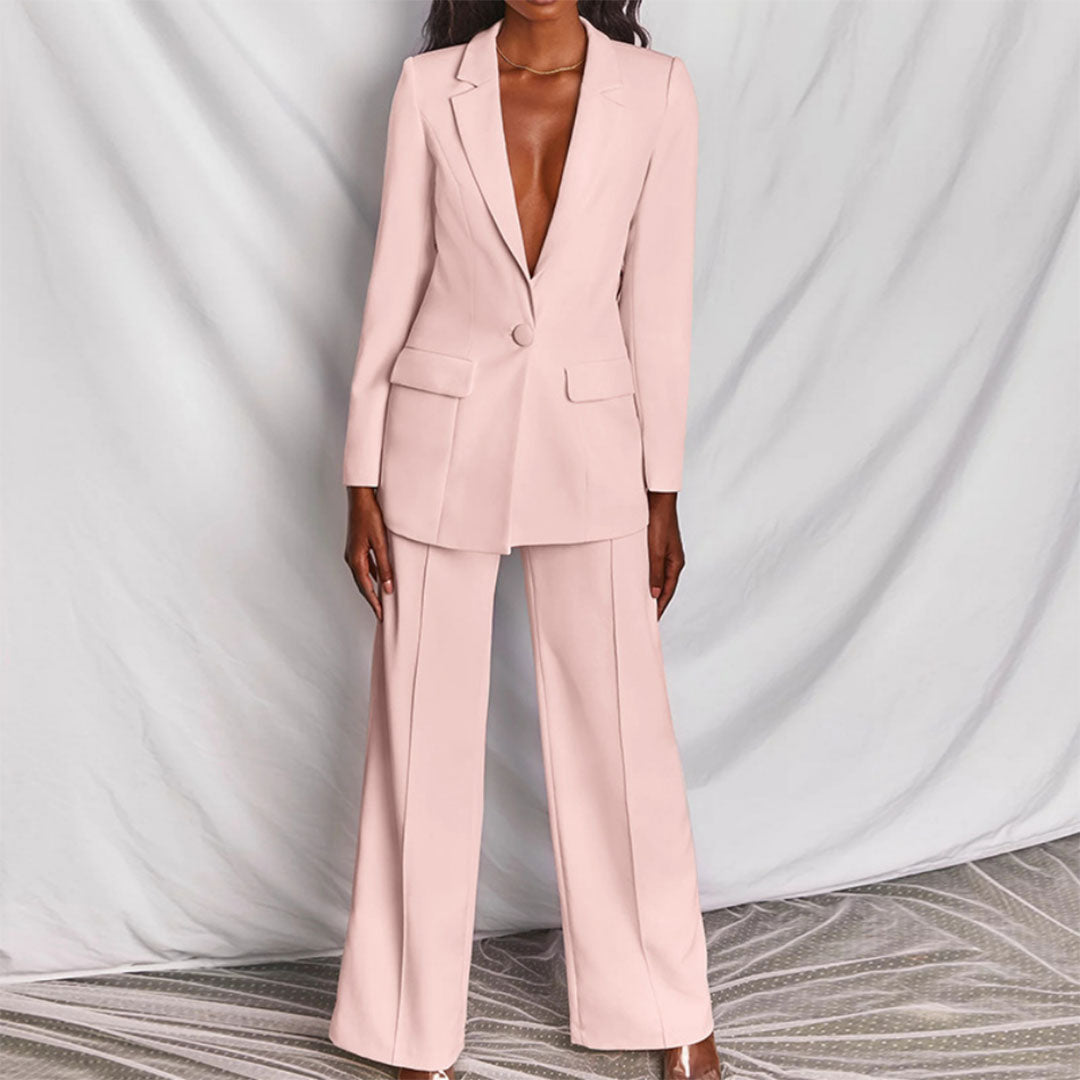 Dames Tweedelige Pakset - Blazer met Eén Knoop en Broek met Wijde Pijpen