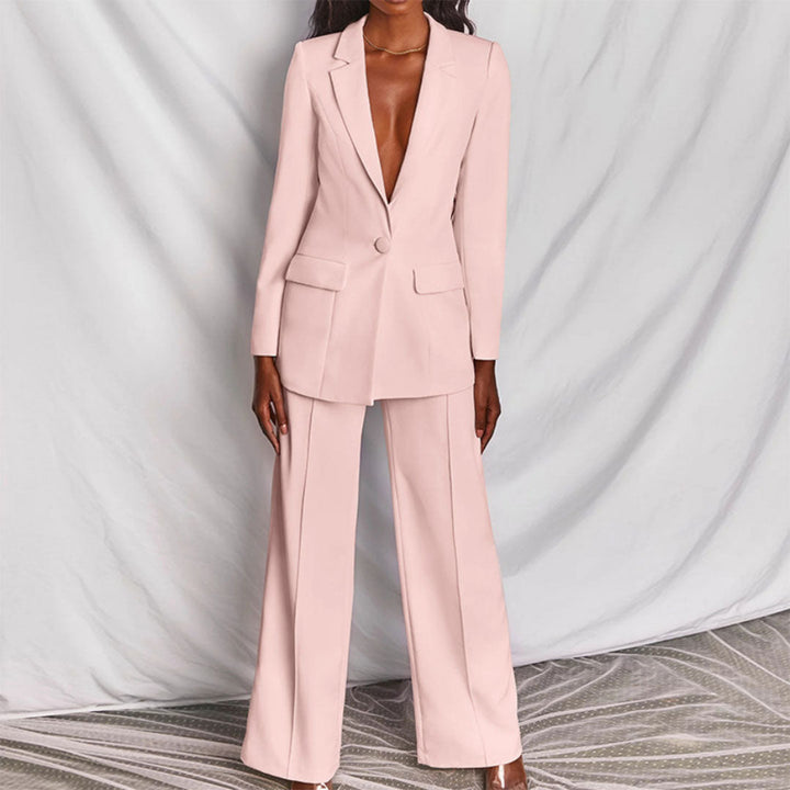 Dames Tweedelige Pakset - Blazer met Eén Knoop en Broek met Wijde Pijpen