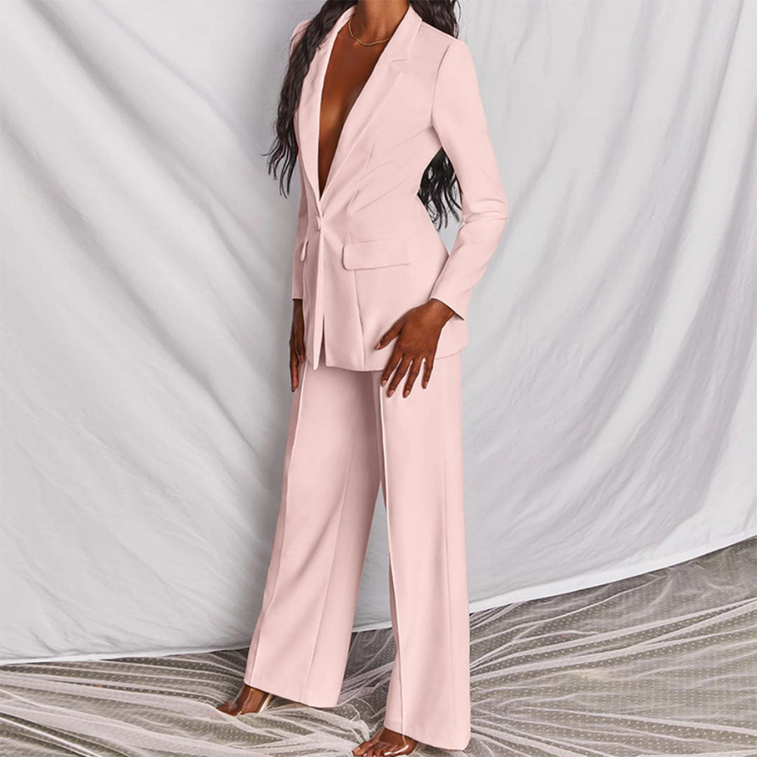 Dames Tweedelige Pakset - Blazer met Eén Knoop en Broek met Wijde Pijpen