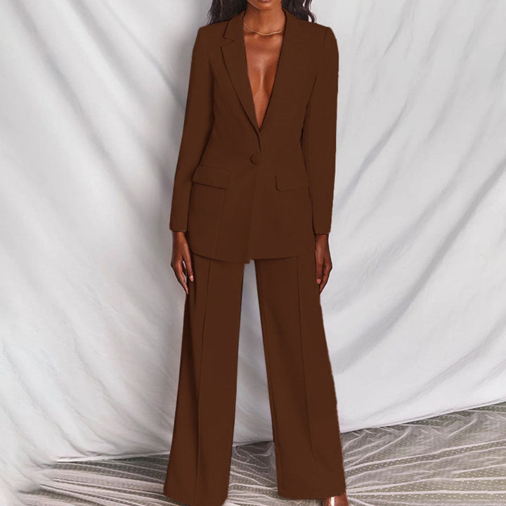 Dames Tweedelige Pakset - Blazer met Eén Knoop en Broek met Wijde Pijpen