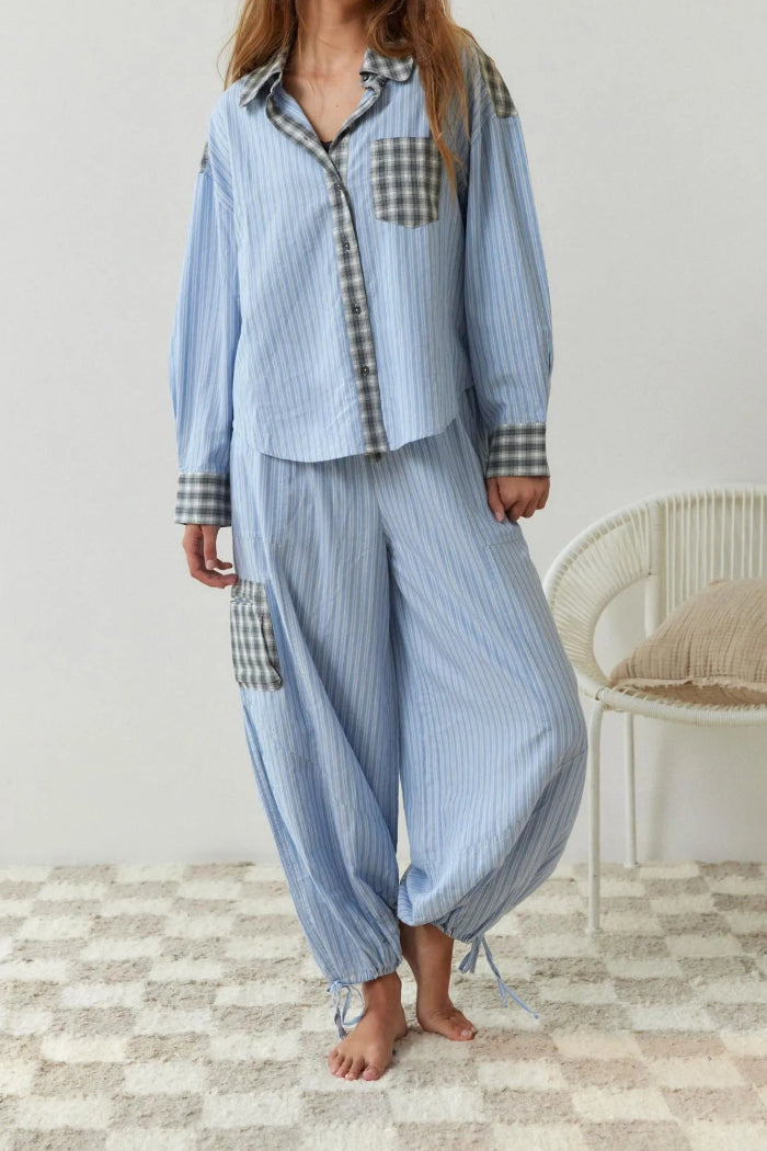 Dames Tweedelige Pyjamaset - Geruit Overhemd en Broek met Trekkoord