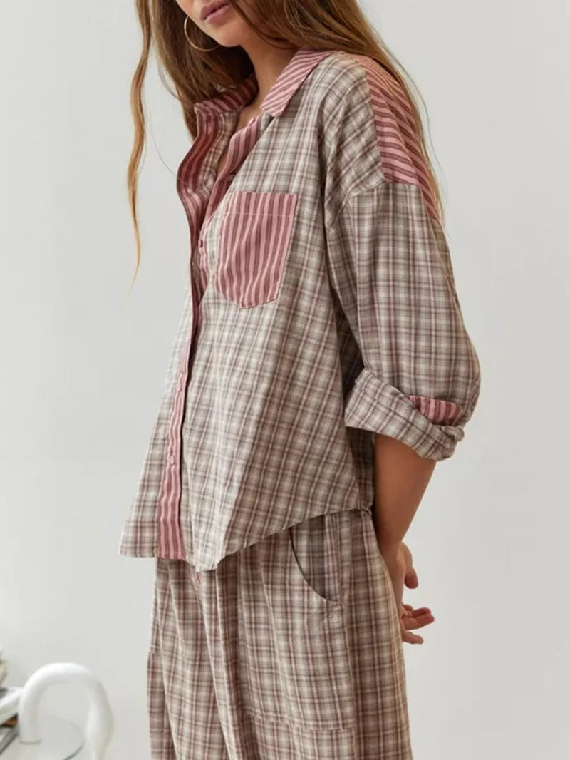 Dames Tweedelige Pyjamaset - Geruit Overhemd en Broek met Trekkoord