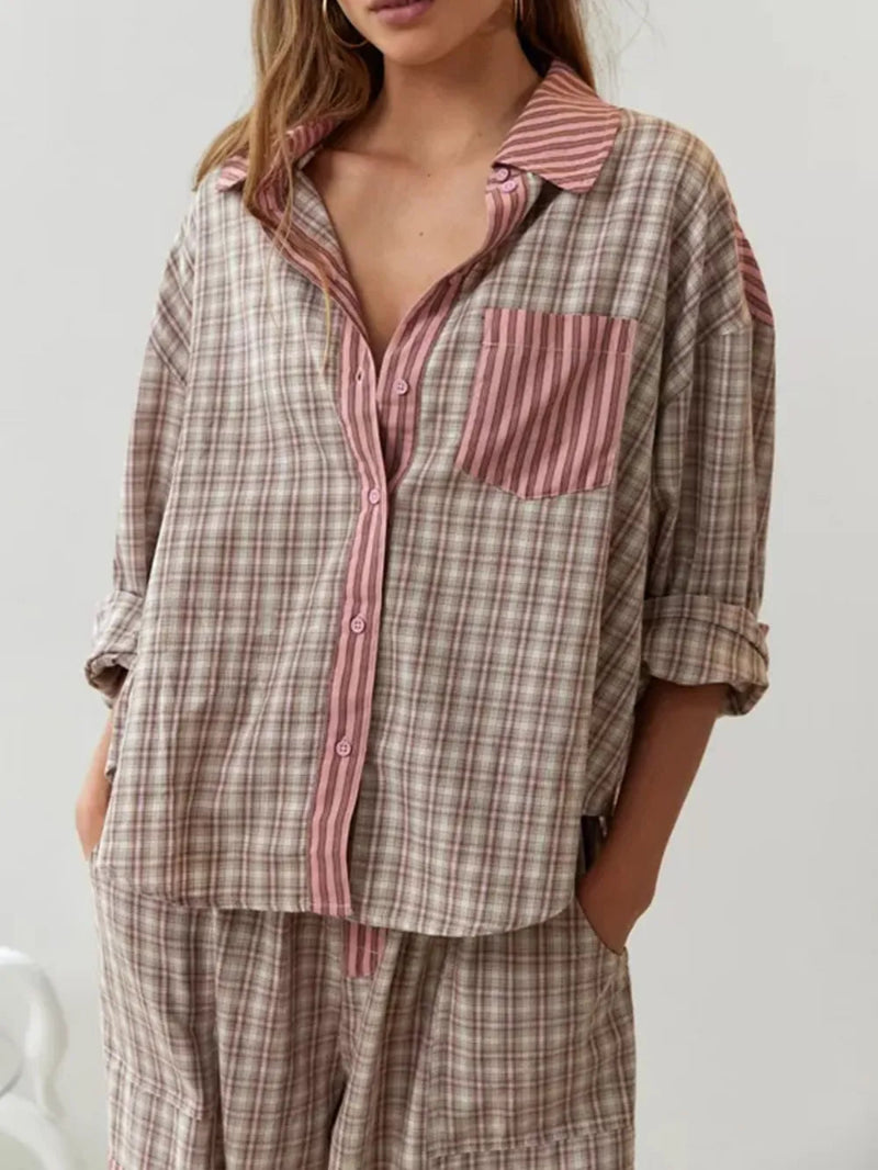 Dames Tweedelige Pyjamaset - Geruit Overhemd en Broek met Trekkoord