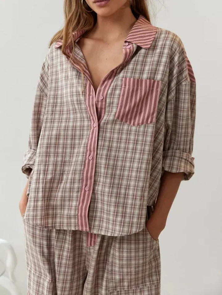 Dames Tweedelige Pyjamaset - Geruit Overhemd en Broek met Trekkoord