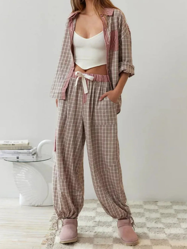 Dames Tweedelige Pyjamaset - Geruit Overhemd en Broek met Trekkoord