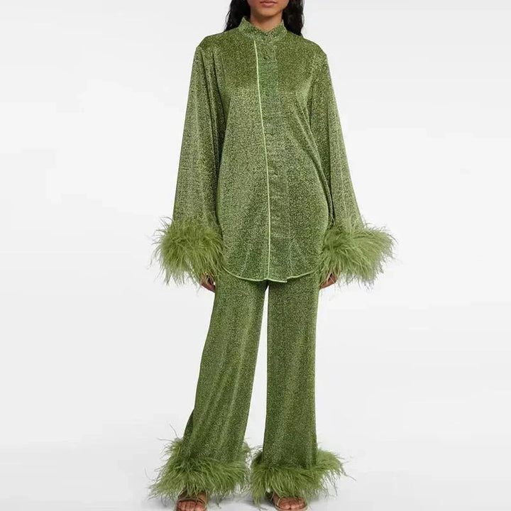 Dames Tweedelige Set - Overhemd met Verenafwerking en Broek met Wijde Pijpen