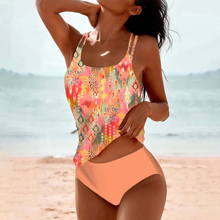 Dames Tweedelige Tankiniset - Top met Print en Effen Broekje