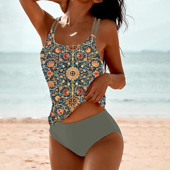 Dames Tweedelige Tankiniset - Top met Print en Effen Broekje