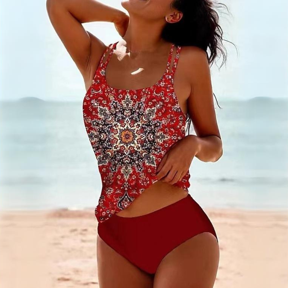 Dames Tweedelige Tankiniset - Top met Print en Effen Broekje