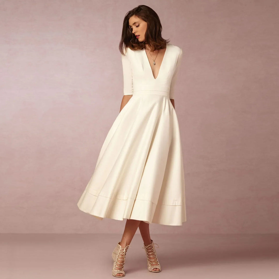 Dames V-Hals Fit-and-Flare Midi Jurk - Halflange Mouwen A-Lijn