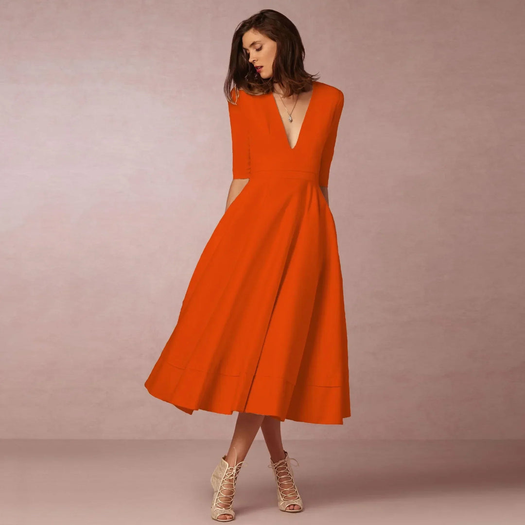 Dames V-Hals Fit-and-Flare Midi Jurk - Korte Mouwen A-Lijn