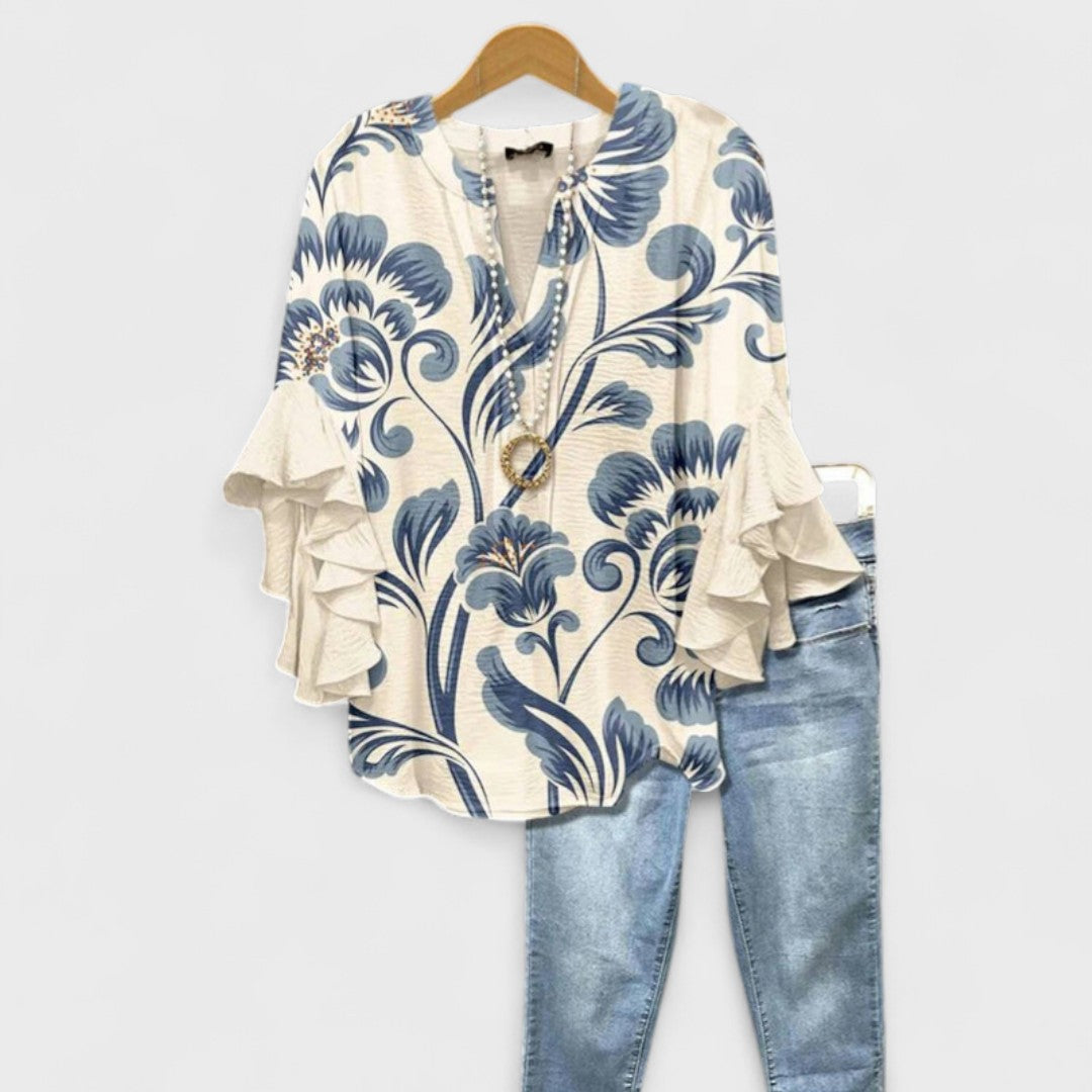 Damesblouse met Bloemenprint - Tuniektop met V-Hals en Ruchesmouwen