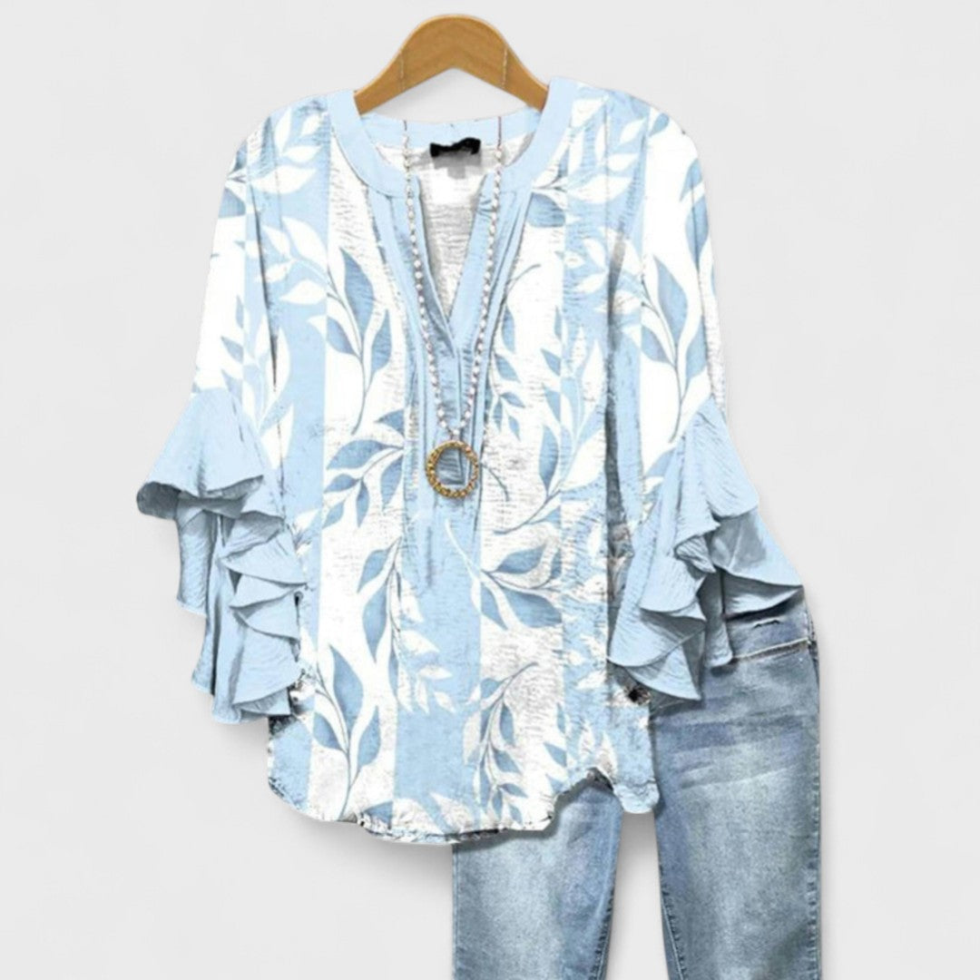 Damesblouse met Bloemenprint - Tuniektop met V-Hals en Ruchesmouwen
