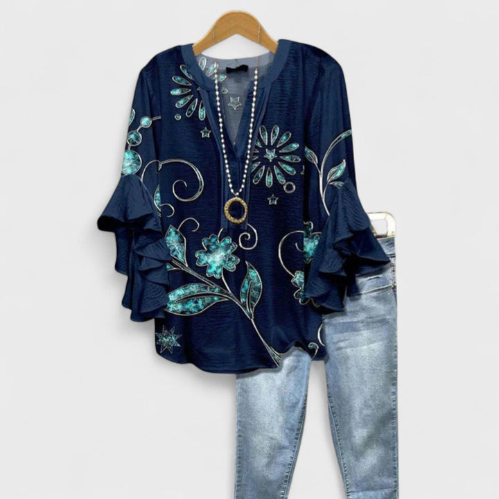 Damesblouse met Bloemenprint - Tuniektop met V-Hals en Ruchesmouwen