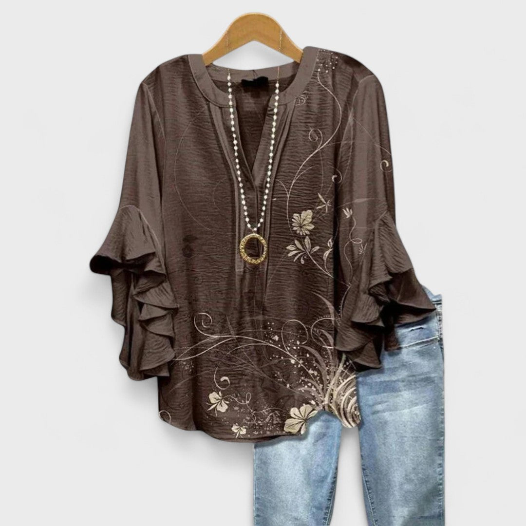 Damesblouse met Bloemenprint - Tuniektop met V-Hals en Ruchesmouwen
