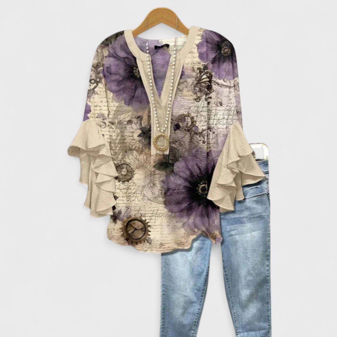 Damesblouse met Bloemenprint - Tuniektop met V-Hals en Ruchesmouwen