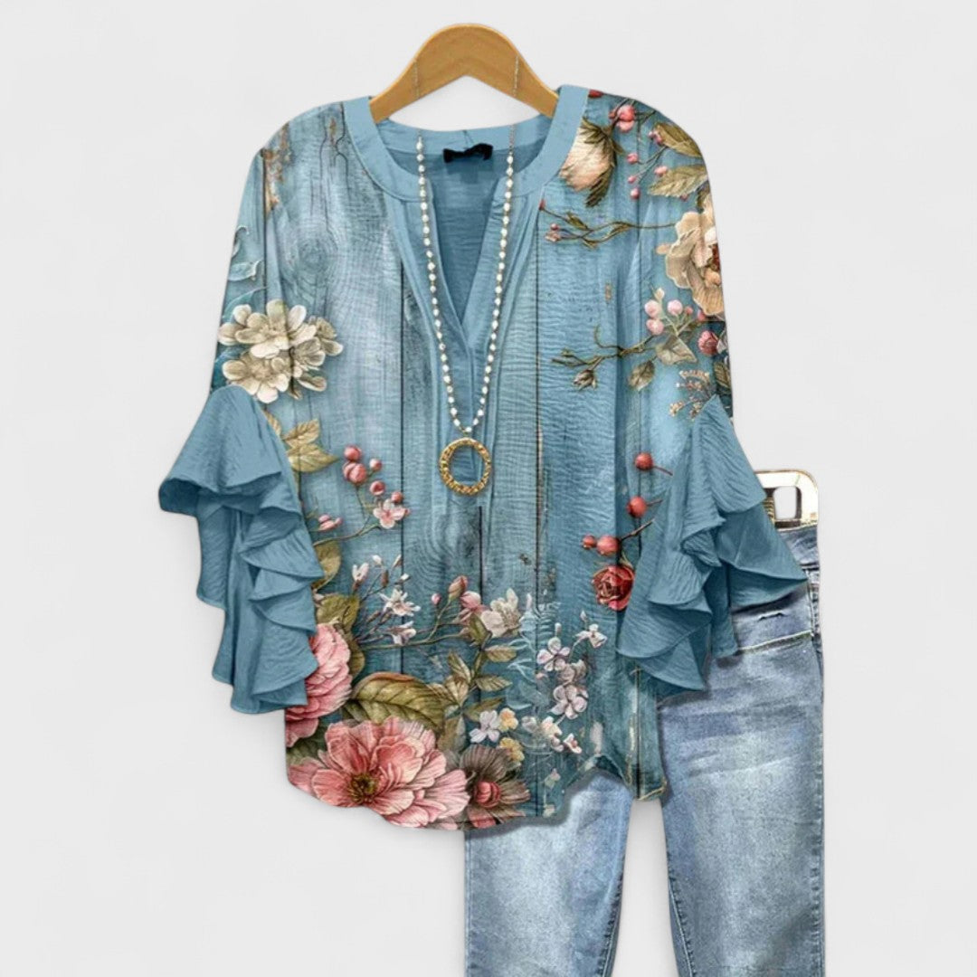 Damesblouse met Bloemenprint - Tuniektop met V-Hals en Ruchesmouwen
