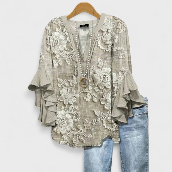 Damesblouse met Bloemenprint - Tuniektop met V-Hals en Ruchesmouwen
