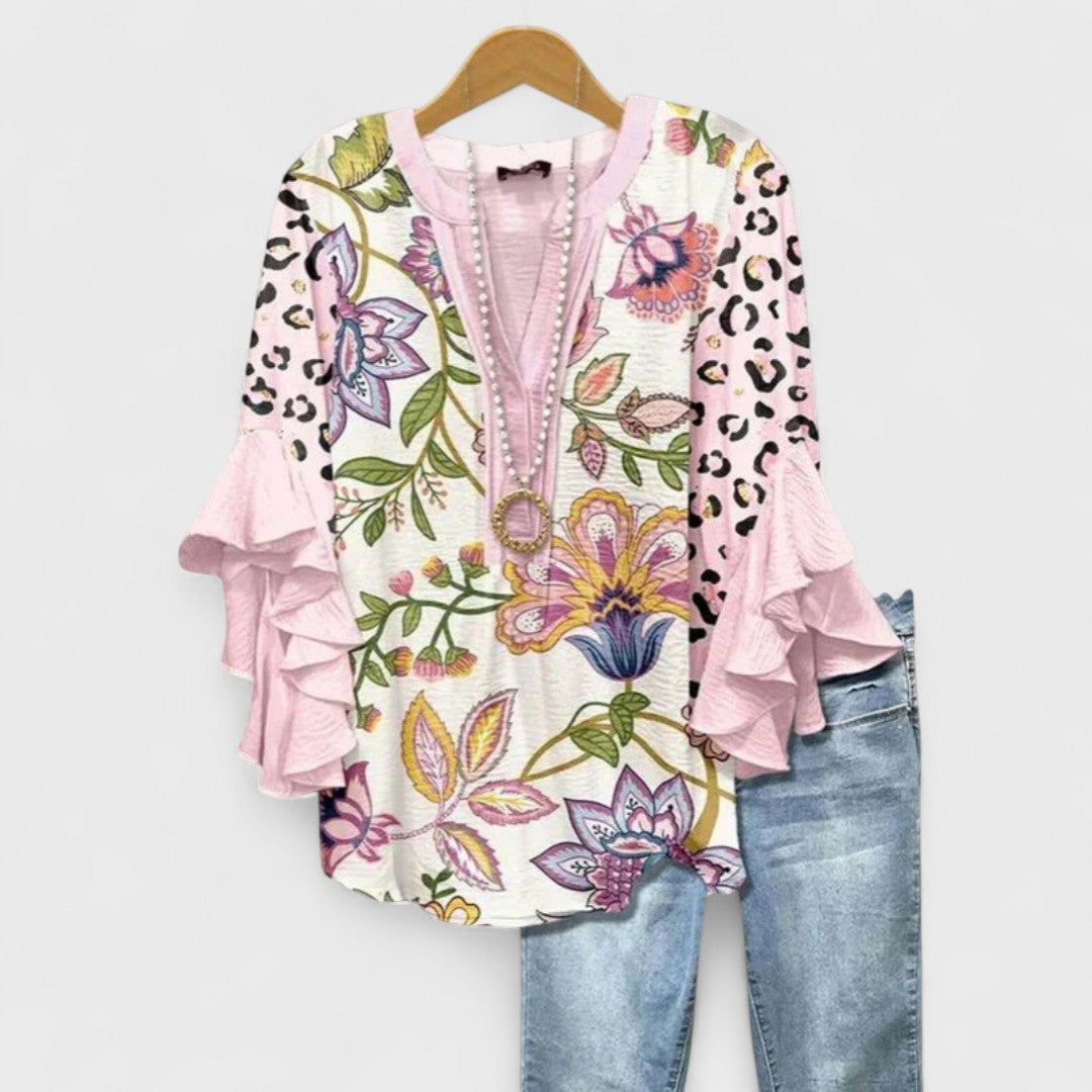 Damesblouse met Bloemenprint - Tuniektop met V-Hals en Ruchesmouwen