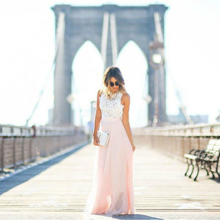 Elegante Dames Jurk met kanten Top en Vloeiende Rok - Maxi