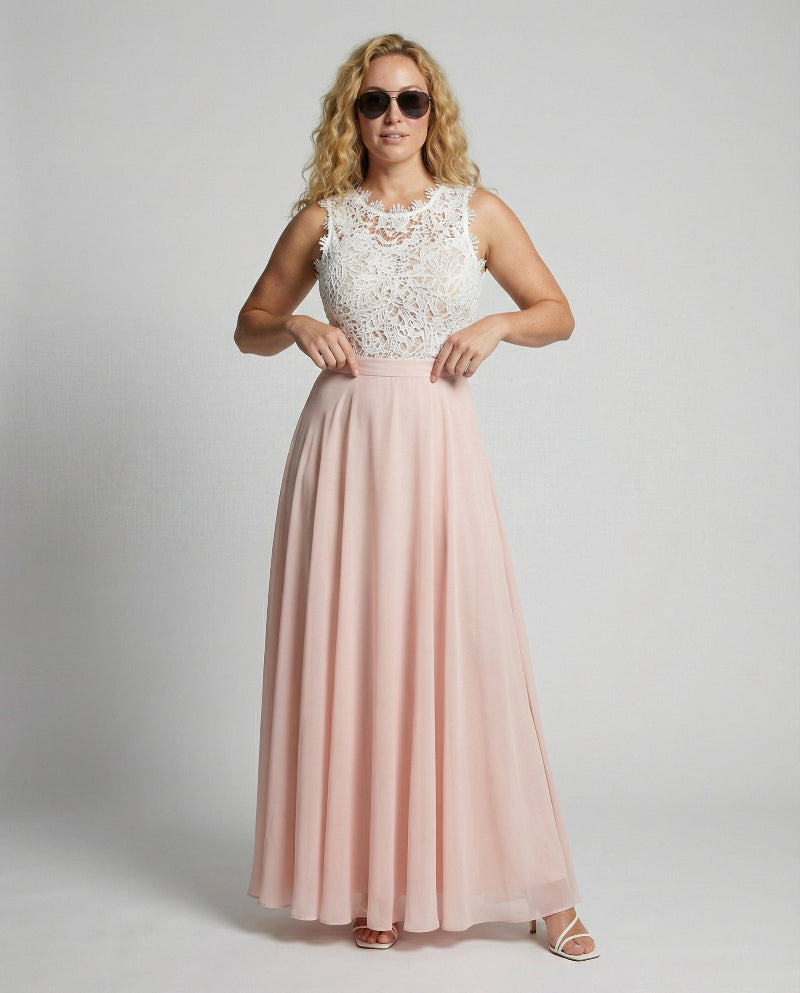 Elegante Dames Jurk met kanten Top en Vloeiende Rok - Maxi